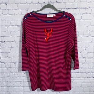 Quacker Factory Womens 3/4 Sleeve Striped Top with Sequin Lobster Accent Size L